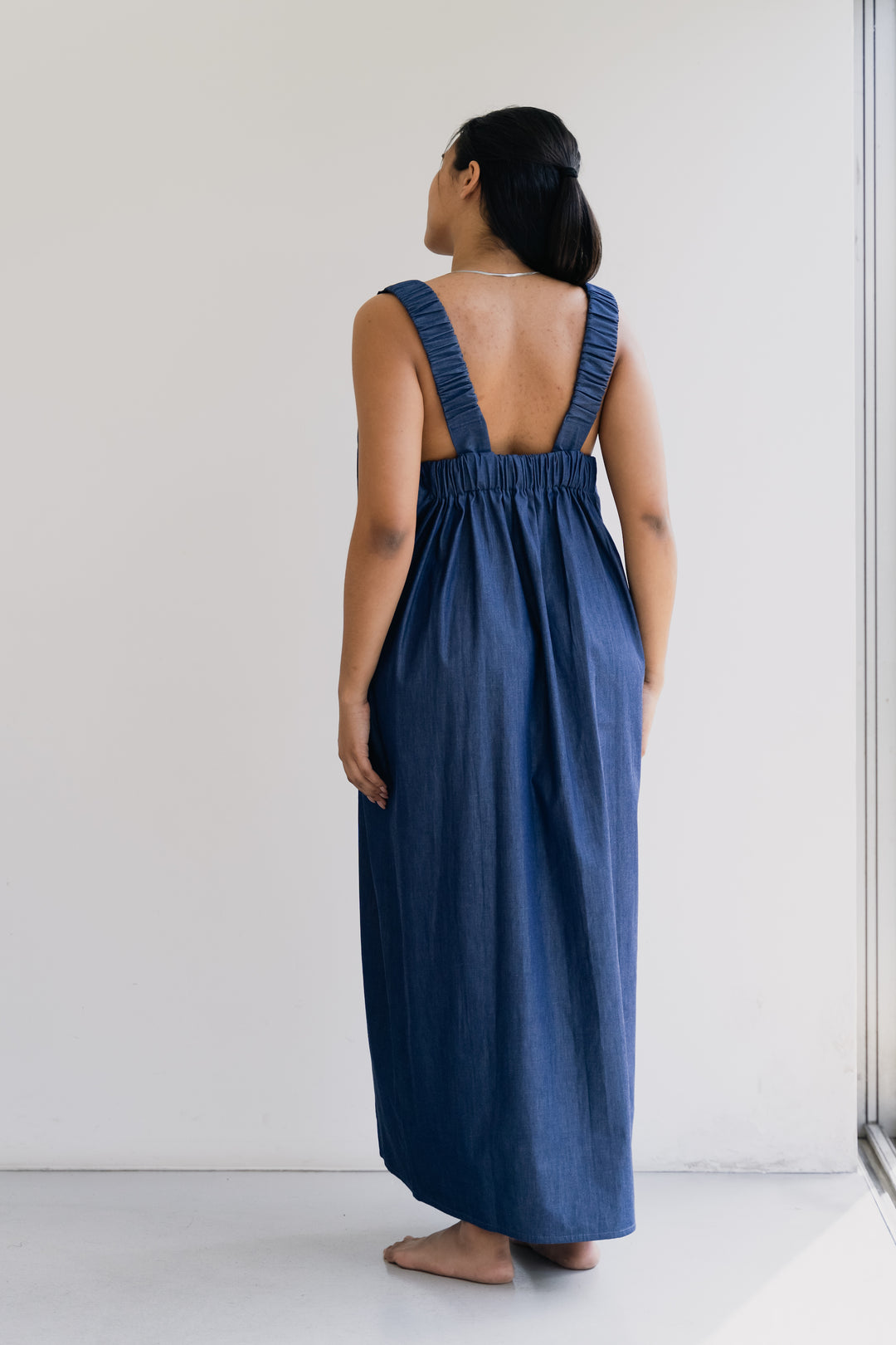 denim long dress uk Hemp Denim Sleeveless Tiered Dress Blue
